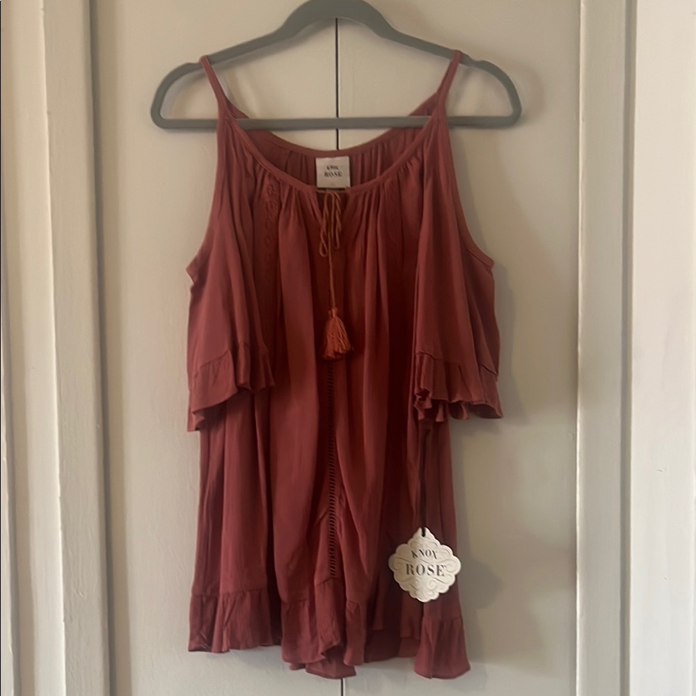 Flowy Ruffle Cold Shoulder Top in Rust